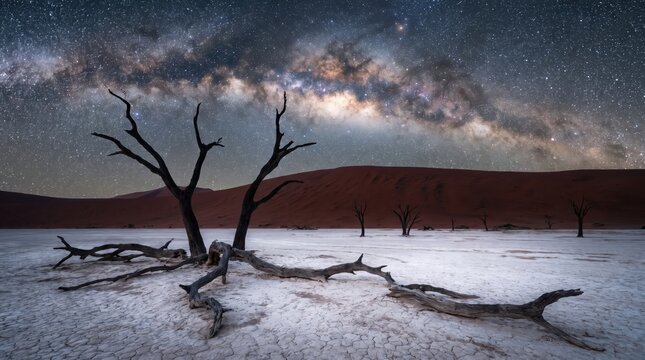 Ancient dead trees stand on white clay pan under brilliant milky way galaxy starry night sky