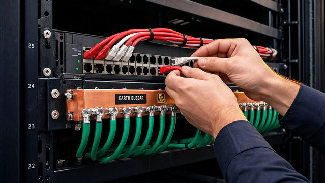 IT engineer connecting network cables in a server rack for data center infrastructure setup.