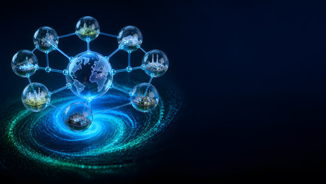 global supply network glass sphere linking factory node around digital world map with blue swirl background design