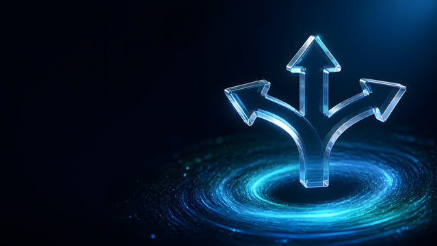 Glass directional arrow sign pointing three way above digital energy vortex background technology illustration design