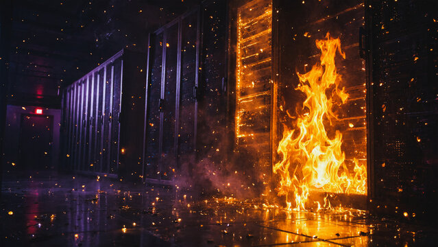 Server rack on fire in a data center with sparks and magenta lighting in a dark room