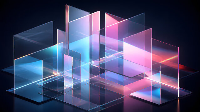 Translucent glass panel structure with blue and pink gradient light reflection abstract architecture design element background