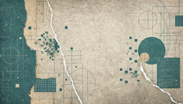 Abstract geometric grid background with vintage paper texture and technical blueprint lines.