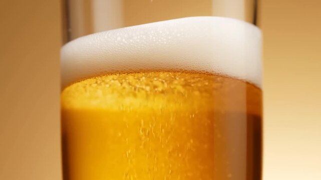Slow motion close up of beer glass filling with foam and bubbles on studio bar counter tabletop indoor warm lighting