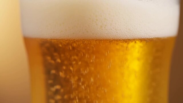 Slow motion static close up of beer glass with rising bubbles and foamy head in studio bar setting