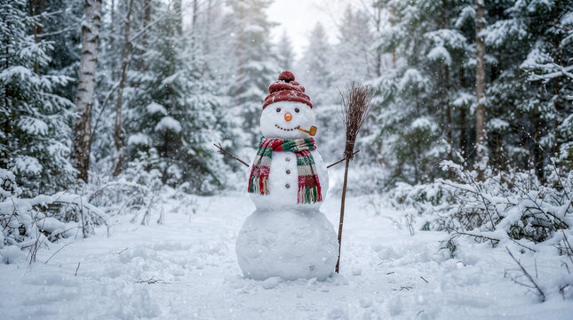 Un mu&ntilde;eco de nieve sonriente con sombrero de copa y bufanda en un paisaje invernal, junto a pinos nevados, bajo una suave ca&iacute;da de nieve.