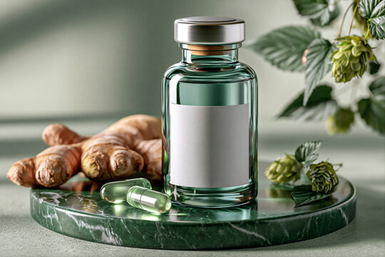 Green glass pill bottle with blank label on marble product podium decorated with ginger root and hop cones. Dietary supplement, vitamin and packaging design concept. Still life composition for mockup