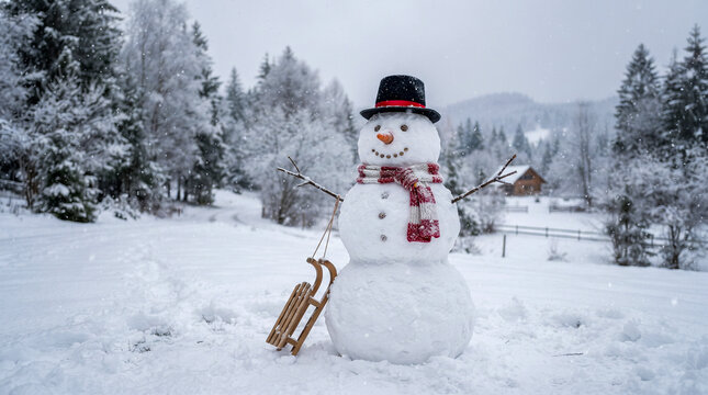 Un mu&ntilde;eco de nieve sonriente con sombrero de copa y bufanda en un paisaje invernal, junto a pinos nevados, bajo una suave ca&iacute;da de nieve.