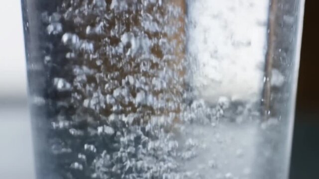 Slow motion closeup of bubbles rising and fizzing in glass of sparkling water on kitchen countertop