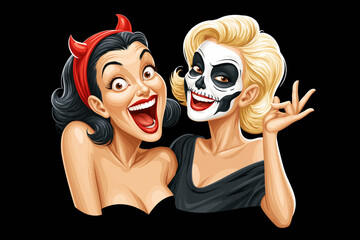 Obraz premium Two pin-up women in devil and skeleton face makeup laughing, vintage comic-style illustration