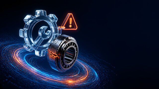 glass gear and wrench beside cracked bearing with warning sign showing predictive maintenance alert system