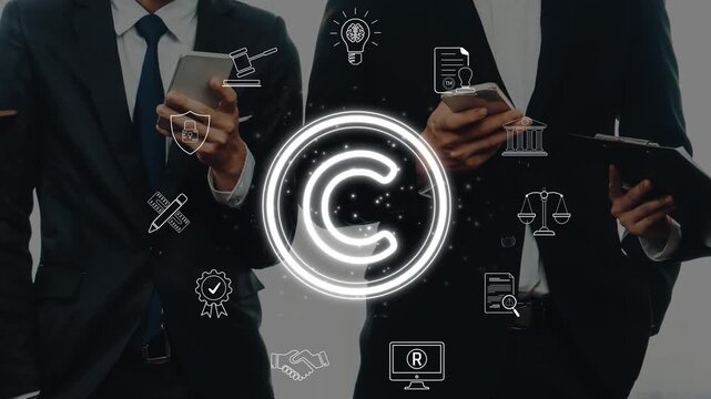 A professional team collaborates in an office environment, utilizing mobile devices to discuss copyright concepts, surrounded by legal symbols and icons related to intellectual property. Raster