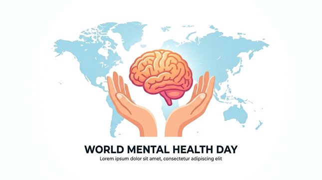 Hands holding a human brain in front of a world map for world mental health day awareness