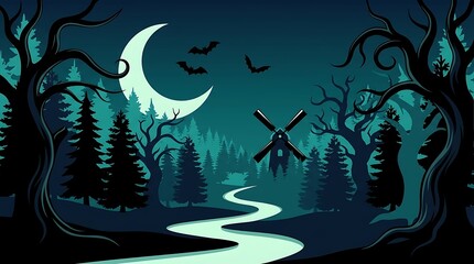 Fototapeta premium A Spooky Forest Landscape Featuring A Winding River And A Distant Windmill