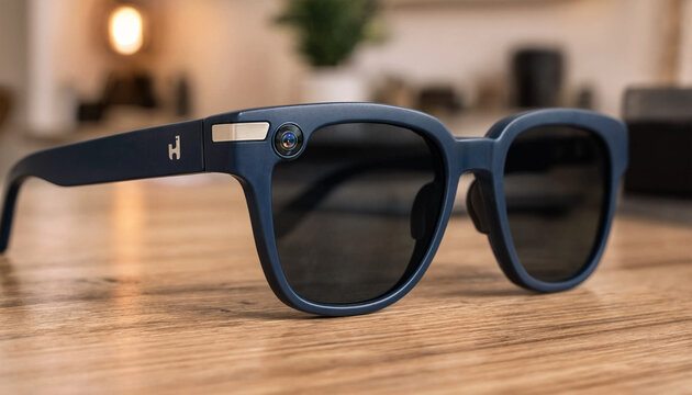 Navy blue smart glasses with integrated camera technology on a wooden desk surface