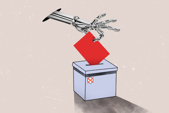 Cyber roboter hand putting a red ballot paper into the ballot box. Concept of political election fraud. Chatbot participates in voting.