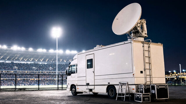 Satellite broadcast truck parked at a stadium for live sports event coverage at night.
