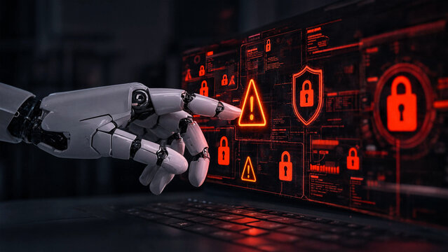 Robot hand interacting with a digital cybersecurity interface showing red warning icons.