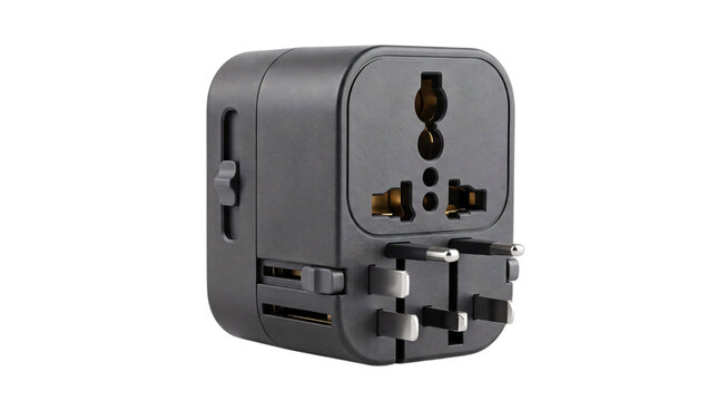 Black universal travel power adapter with retractable plugs isolated on transparent background