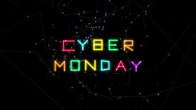 Cyber monday glowing neon text animation with colorful digital motion footage