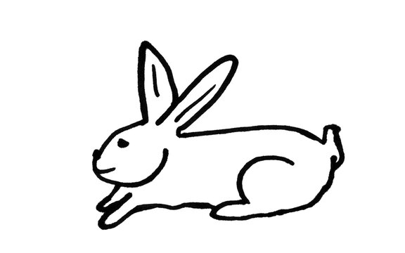 Rabbit Doodle Brush Stroke, Hand Drawn Running Bunny Illustration, Black Outline Lagomorph Line Art, Cute Animal Cartoon Design, Vintage Graphic Design Element
