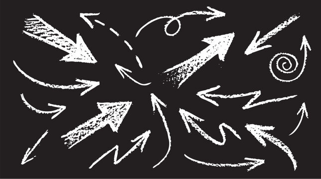 Hand drawn chalk vector illustration featuring various white artistic arrows isolated on a solid black background for creative design projects
