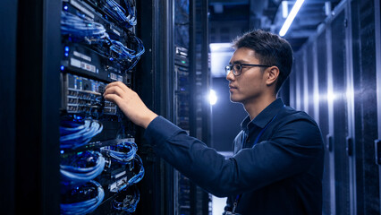 Fototapeta premium IT technician working on server hardware in a modern data center aisle.