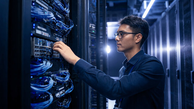 IT technician working on server hardware in a modern data center aisle.