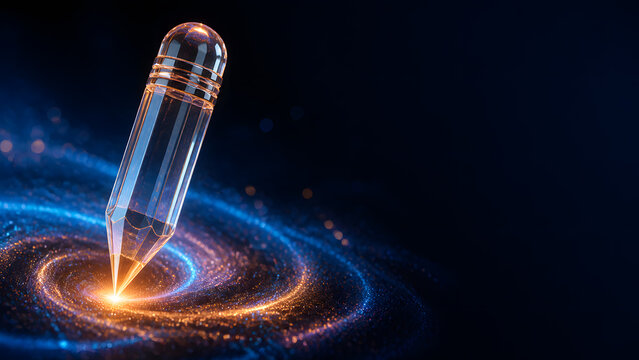Glowing transparent pencil above orange spiral background representing writing education creativity design school study tool idea