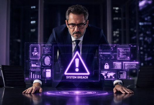 Executive monitoring a digital system breach alert on a futuristic holographic interface.