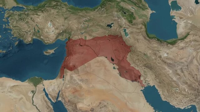 Geographical satellite map highlighting the historical region of the assyrian empire in middle