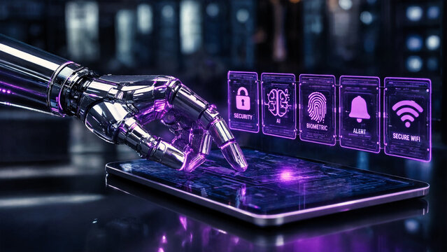 Robotic hand interacting with a futuristic violet digital interface and holographic icons.