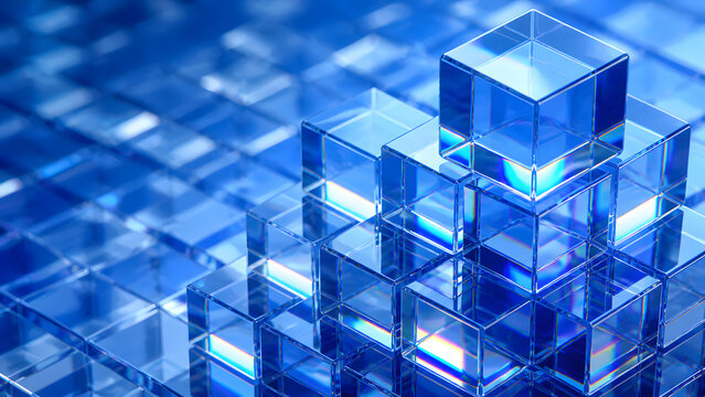 Blue glass cube pyramid stack with bright light reflection on rich blue background clean design