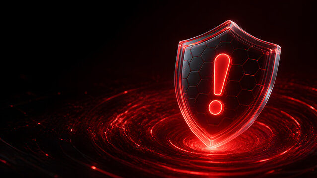 transparent shield with hexagon pattern and glowing red exclamation mark warning above swirling digital background