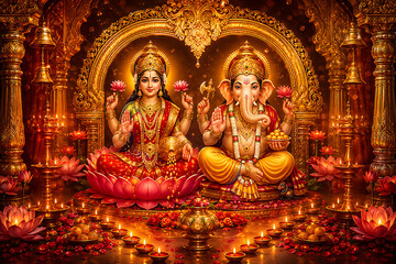 Fototapeta premium Magnificent depiction of Hindu deities Goddess Lakshmi and Lord Ganesha seated on lotuses surrounded by golden arches, hanging bells, lit oil lamps, sweets, and festive decorations.