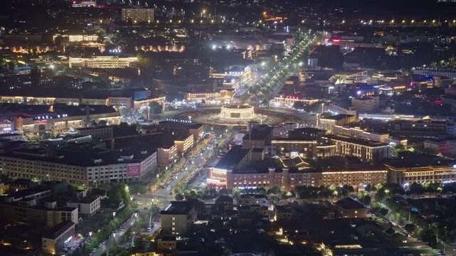 High-Angle Aerial Panoramic View of Tekes Bagua City Nightscape, Ili Unique Bagua I-Ching Geometric Structure, City Lights, Radial Street Network and Concentric Ring Roads in Xinjiang