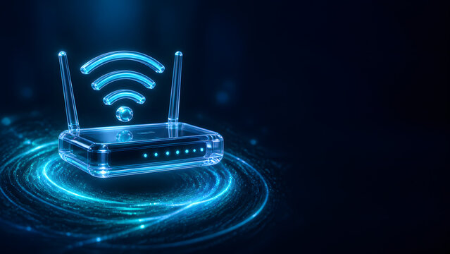 transparent glass wifi router emits glowing blue signal waves above swirling network light trail background
