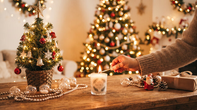 Una mano enciende con una cerilla una vela sobre una mesa de madera decorada, junto a un peque&ntilde;o pino navide&ntilde;o, casita de jengibre y un &aacute;rbol iluminado de fondo.