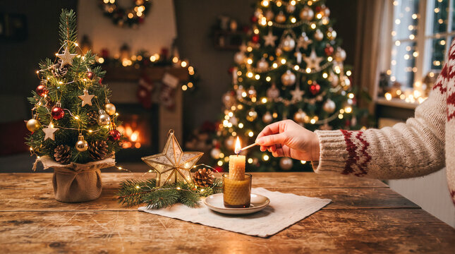 Una mano enciende con una cerilla una vela sobre una mesa de madera decorada, junto a un peque&ntilde;o pino navide&ntilde;o, casita de jengibre y un &aacute;rbol iluminado de fondo.