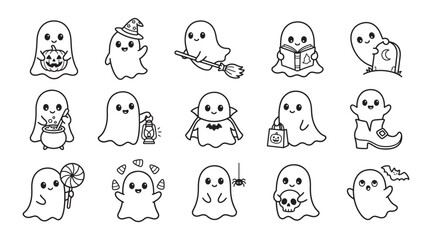 Fototapeta premium Set of cute hand drawn ghost characters performing various activities in a simple black and white line art style