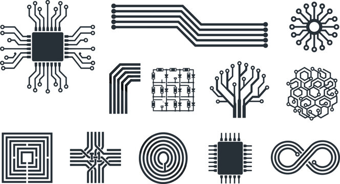 Flat Vector Electronic Circuit Traces Motherboard Microchip Processor and Cyber Network Logo Icon Set Isolated on White Background