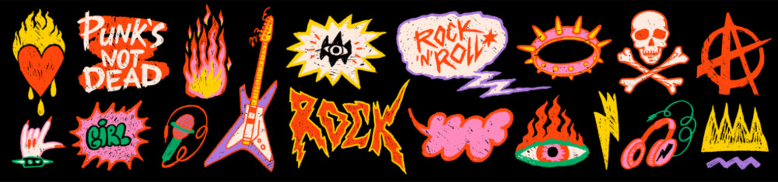 Punk sticker rock doodle set with guitar, skull, fire and music symbols in colorful grunge style on black background. Rock sticker and punk graphics for posters and merch