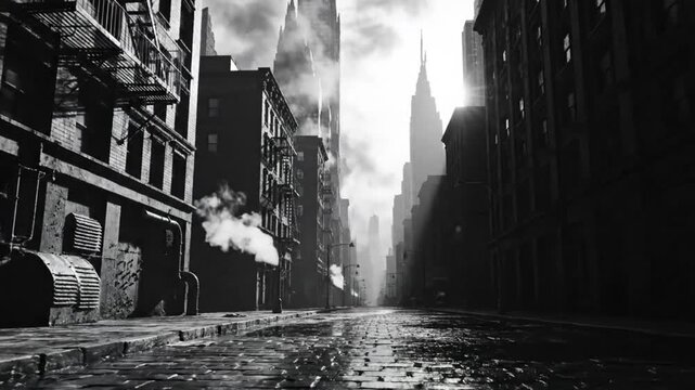 Black and white urban scene of a rainy day in a desolate city alley with steam rising, reflecting the sky's light