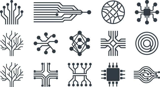 Flat Vector Electronic Circuit Board Pattern Neural Network Nodes and Microchip Processor Logo Emblem Icon Set Isolated on White Background