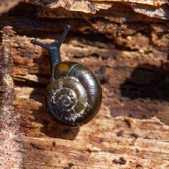 Close-up view of a snail moving on a piece of wood during the day in a natural environment © Florent Vassogne