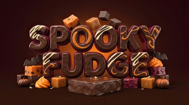 Spooky fudge text made of delicious chocolate treats with dark background for halloween holiday celebration and dessert