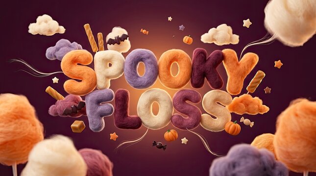 Spooky floss text made of colorful cotton candy with floating sweets on a dark purple background