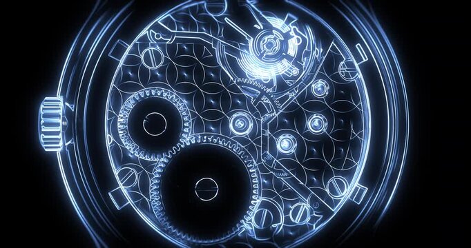 Blueprint wireframe animation showing mechanical swiss watch clockwork movement.