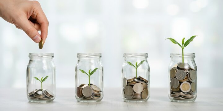 Hand putting coin into glass jar with plant growing from coins