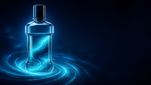 glowing glass bottle standing above swirl of light representing beverage cosmetic packaging product and liquid design technology
